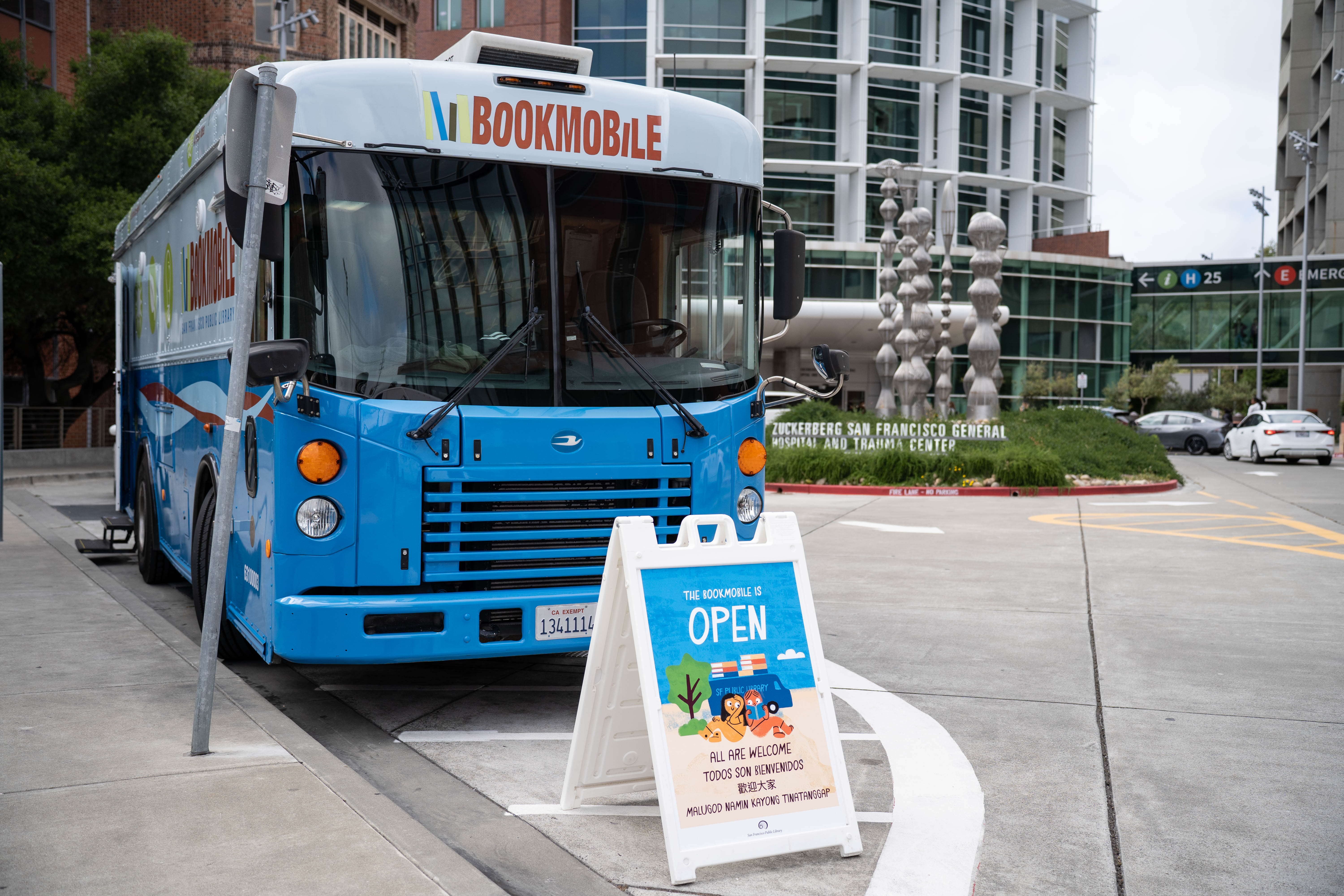 The bookmobile parked outside the main ZSFG building