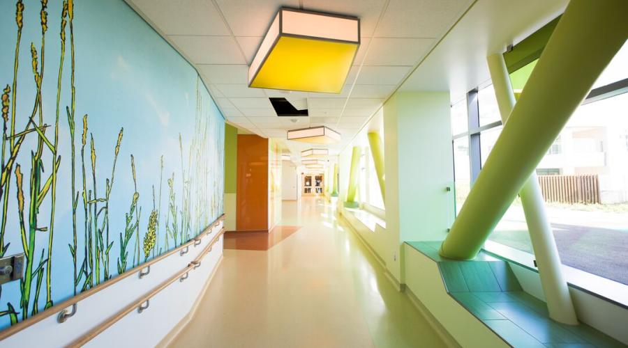 A whimsical hallway in a children's hospital