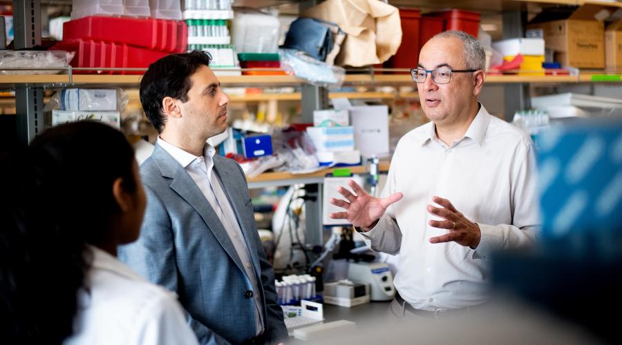 Dr. Alejandro Sweet-Cordero, right, confers with Dr. Elliot Stieglitz at UCSF’s Mission Bay campus on in San Francisco.